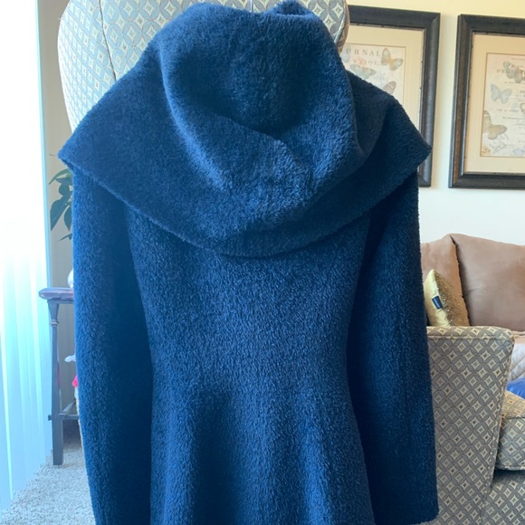TRINA TURK Amelia Wrap Coat Shawl Hooded Wool Alpaca Blend Pea Coat In Navy Blue - Picture 6 of 17